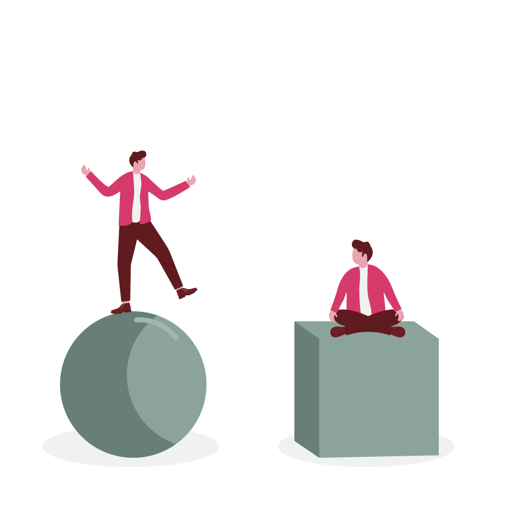 Un hommes d'affaires sur une sphère incapable de maintenir l'équilibre et un homme d'affaires assis les jambes croisées sur un cube stable, pour illustrer la professionnalisation des managers