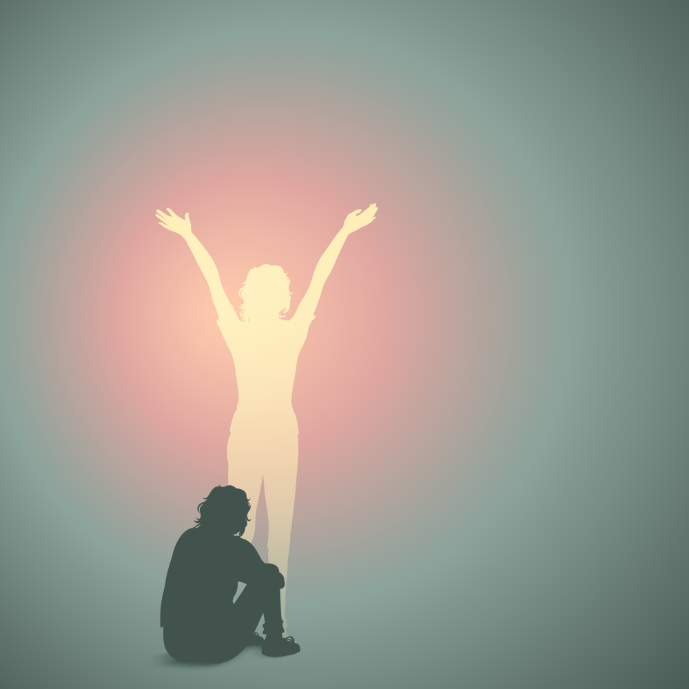 Silhouette d'une personne déprimée assise sur le sol et d'une personne debout heureuse pour illustrer le changement apporté par un coaching individuel.