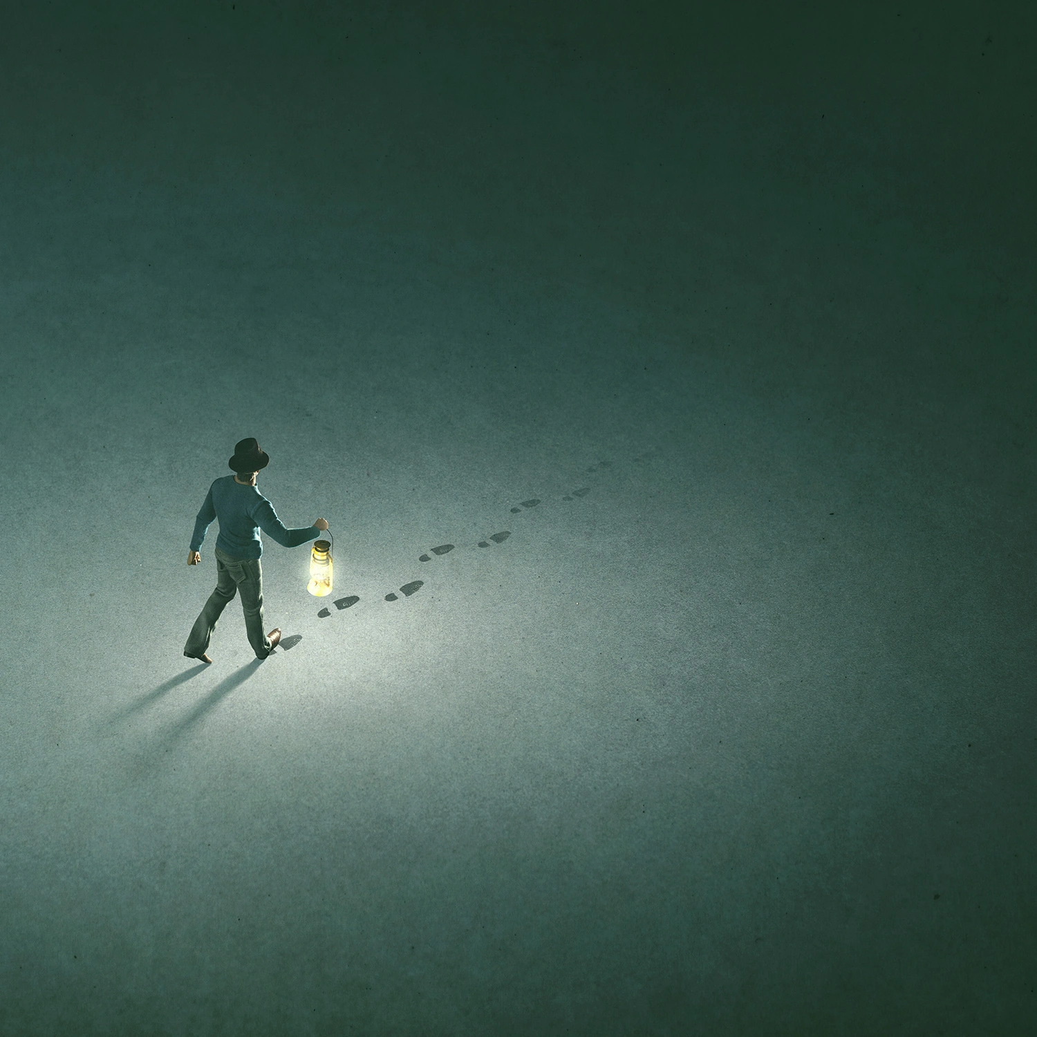 Homme avec une lanterne suivant des pas sur le sol pour illustrer le coaching existentiel et thérapie existentielle.